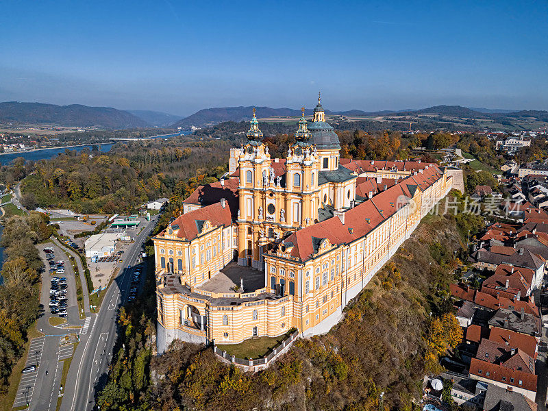 Aerial panorama of the famous St. Peter and Paul Church in Melk Benedictine Abbey, Wachau Valley, Lower Austria